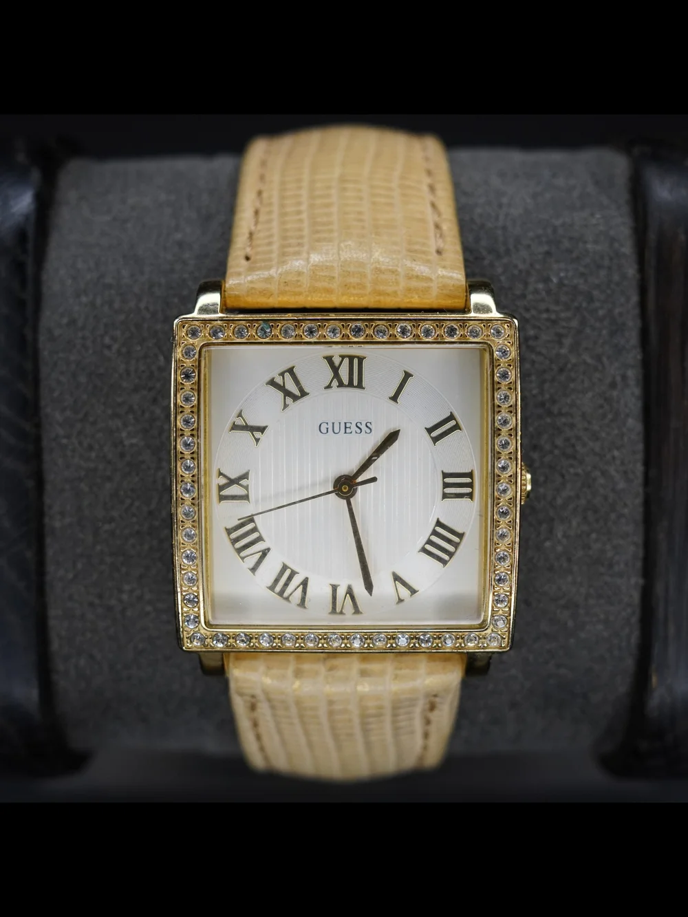 GUESS Women’s Gold-Tone Square Rhinestone Bezel Roman Numeral Quartz Beige Strap